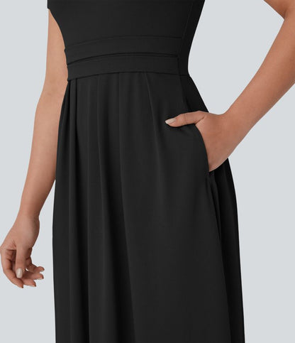 Freizeit-Flare-Maxikleid mit Stehkragen, Seitentaschen und kurzen Ärmeln