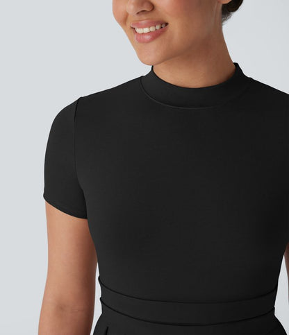 Freizeit-Flare-Maxikleid mit Stehkragen, Seitentaschen und kurzen Ärmeln