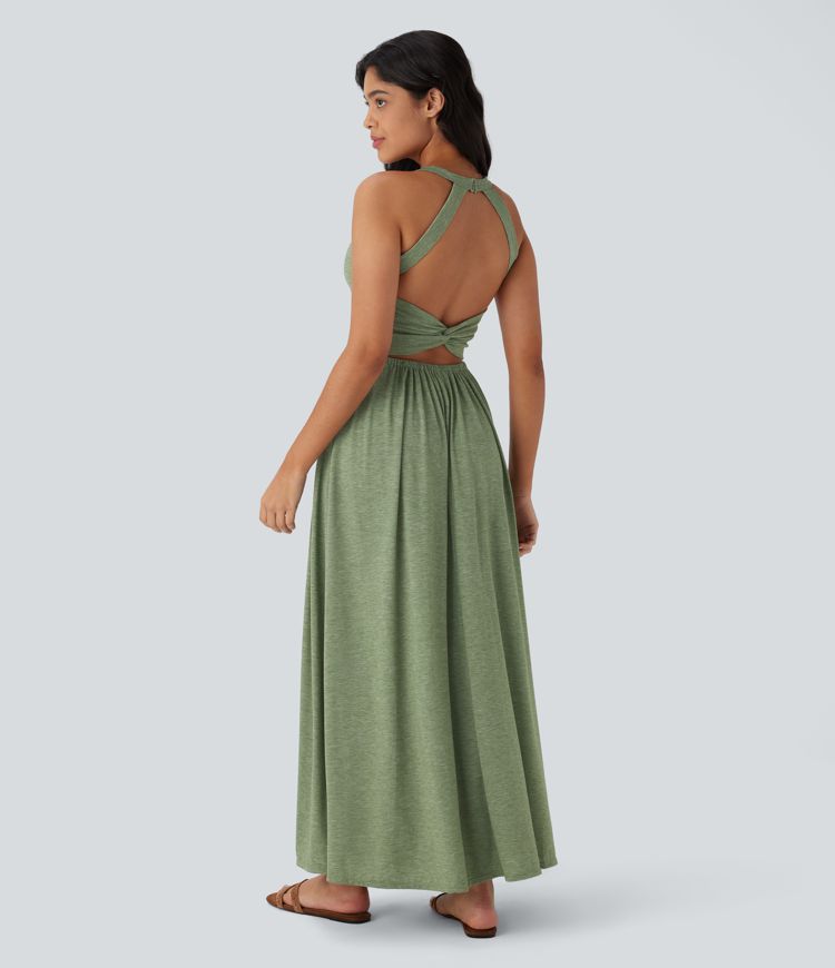 Rückenfreies, gedrehtes Urlaubs-Maxikleid mit Seitentaschen und Schlitz