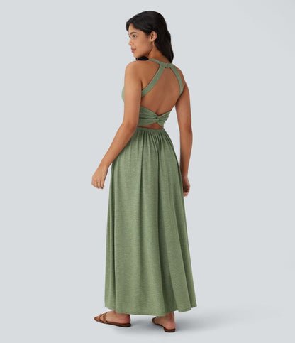 Rückenfreies, gedrehtes Urlaubs-Maxikleid mit Seitentaschen und Schlitz