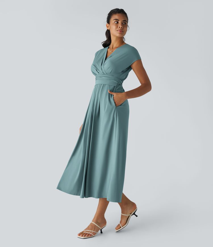 Breezeful™ Kurzärmliges Midi-Freizeitkleid mit V-Ausschnitt, Seitentaschen und Bindeband hinten - schnelltrocknend