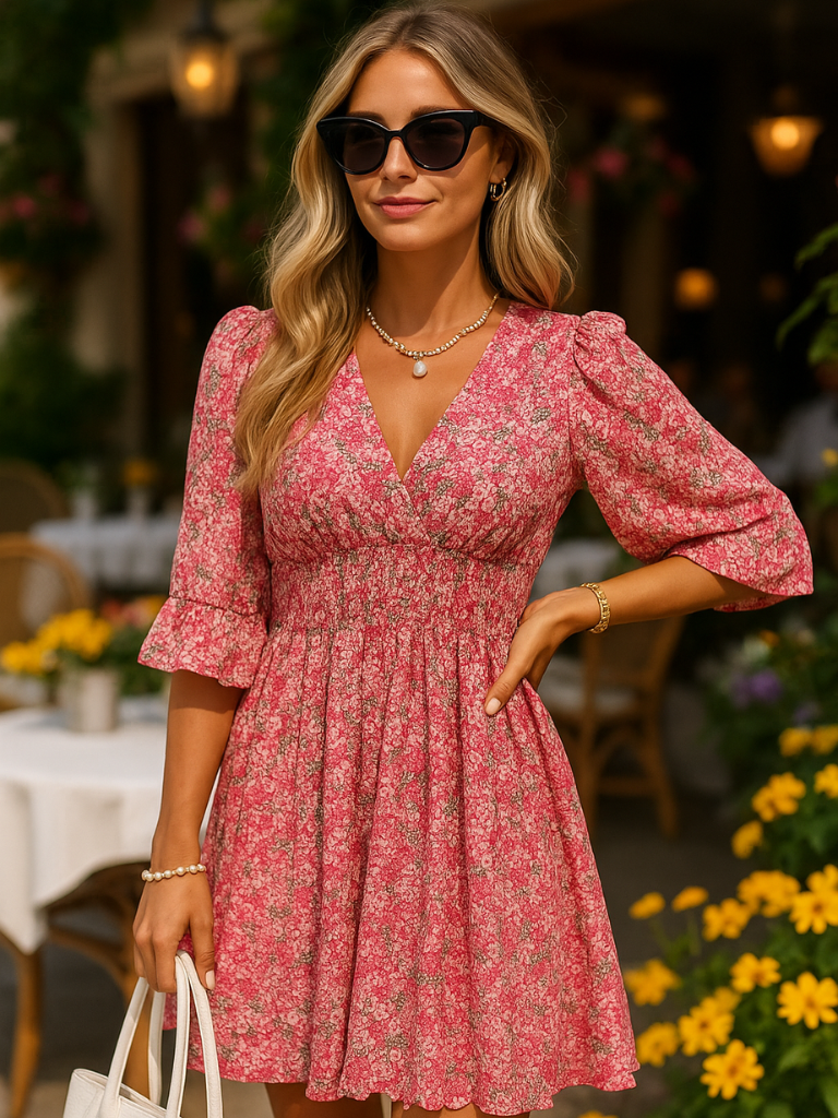 Blumiges Puffärmelkleid für Damen