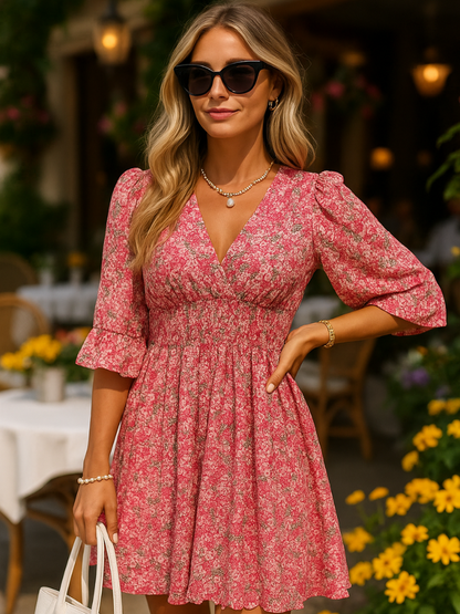 Blumiges Puffärmelkleid für Damen